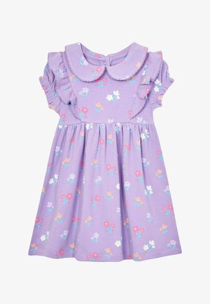 Robe violette pour tout-petit avec petit imprimé floral coloré, manches courtes froncées et col rond avec bords festonnés.