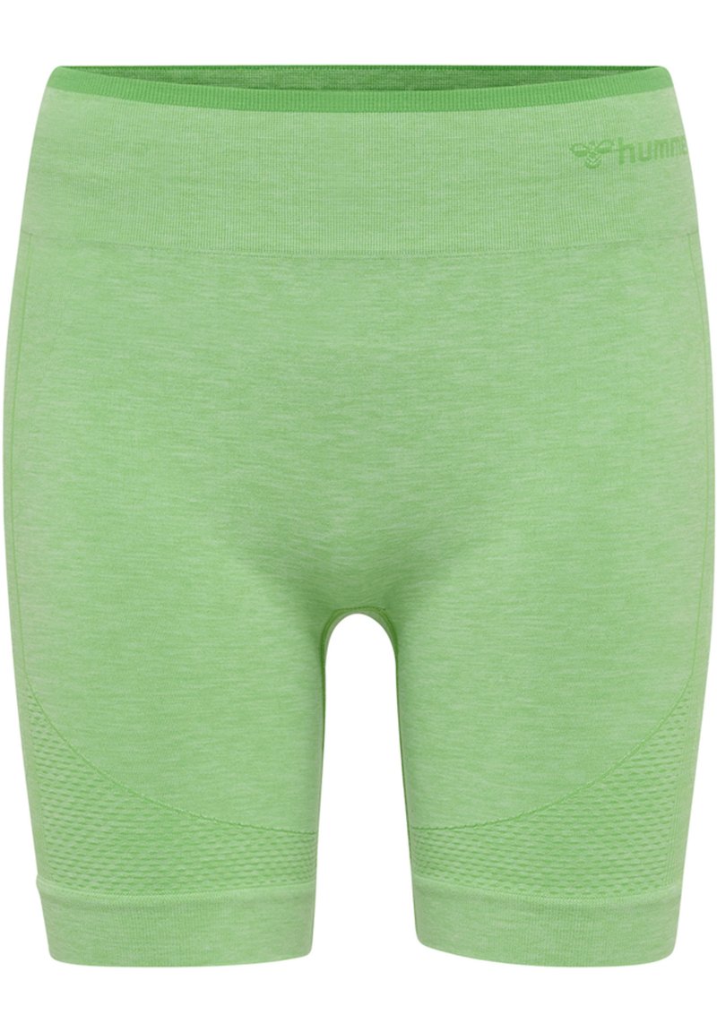 Ljusgröna träningsshorts tillverkade av mjukt tyg, med en slät midja och texturerade detaljer på sidorna för extra grepp.