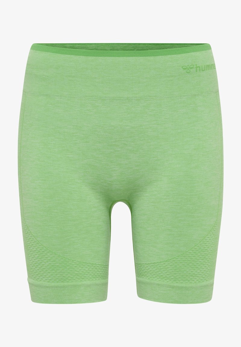 Ljusgröna träningsshorts tillverkade av mjukt tyg, med en slät midja och texturerade detaljer på sidorna för extra grepp.