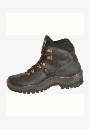 Brown leather hiking boot with a textured surface, metal eyelets, and a padded collar. Features rubber sole with deep tread for traction.