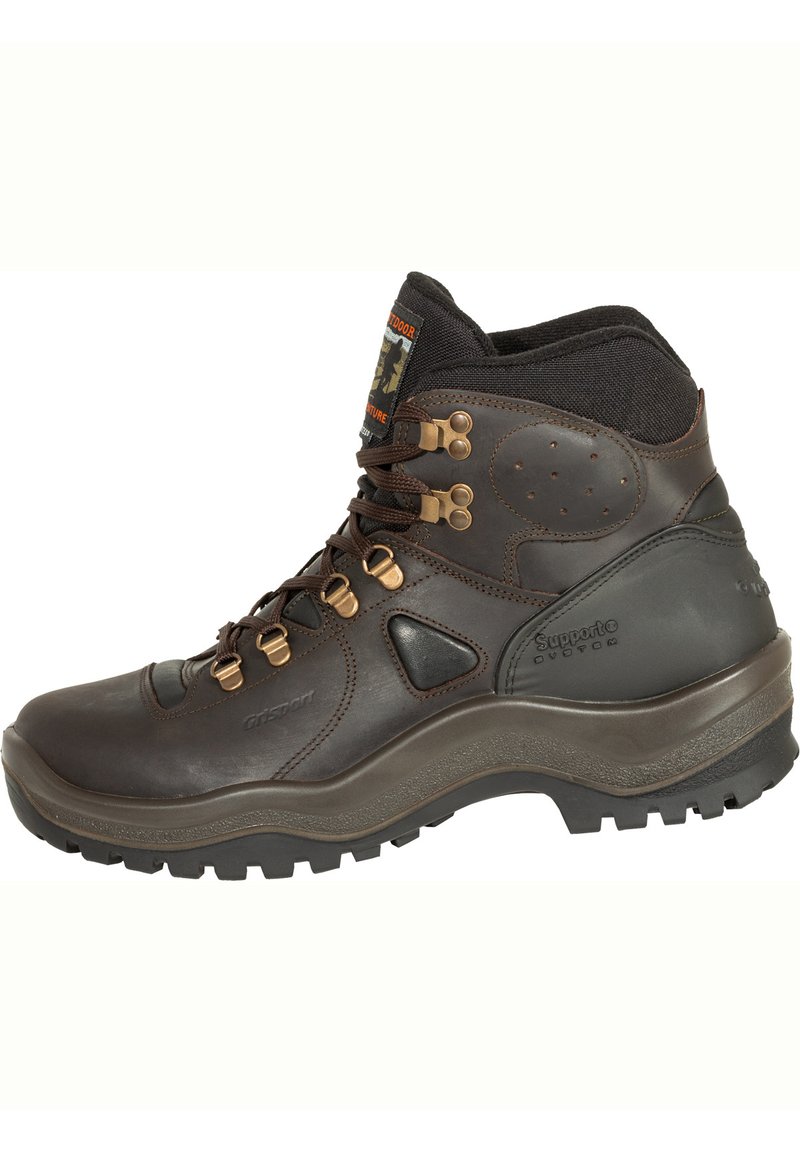 Brauner Lederwanderstiefel mit strukturierten Oberflächen, Metallösen und gepolstertem Kragen. Verfügt über eine Gummisohle mit tiefem Profil für besseren Halt.