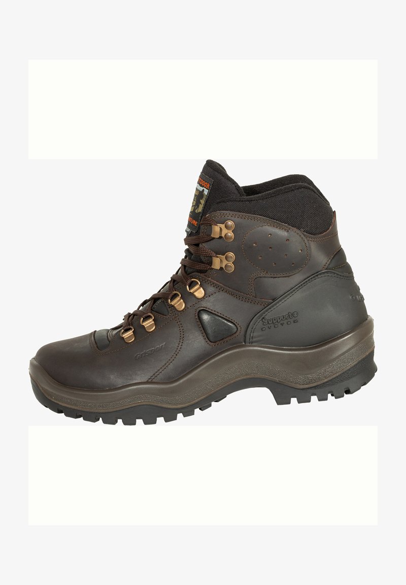 Brauner Lederwanderstiefel mit strukturierten Oberflächen, Metallösen und gepolstertem Kragen. Verfügt über eine Gummisohle mit tiefem Profil für besseren Halt.