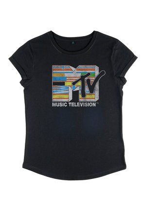Sort T-shirt med korte ærmer, der er rullet op, med et farverigt MTV Music Television-logo i midten på forsiden.