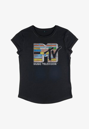 Zwart T-shirt met korte mouwen en opgerolde mouwen, met een kleurrijk MTV Music Television-logo in het midden van de voorkant.