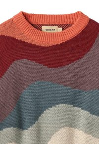 Pull en tricot avec un col rond, présentant des motifs ondulés en rouge, mauve, bleu et crème, tissu texturé, et une étiquette indiquant "WHEAT."