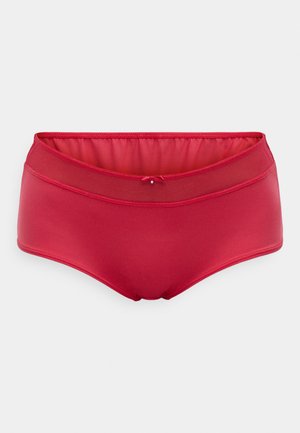 Rdeče bikini hlačke z visokim pasom, narejene iz gladkega materiala, z nežnim detajlom prednje pentlje in brezšivnim elastičnim pasom.