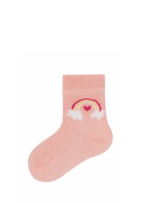 Calzino di cotone rosa con bordo a coste; presenta un design arcobaleno e un cuore tra nuvole bianche. Texture morbida con una vestibilità accogliente.