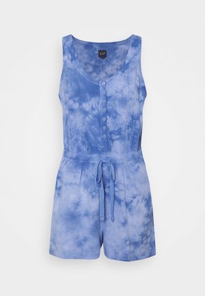 Bezrekawowy niebieski kombinezon tie-dye z guzikami z przodu i sznurkiem w talii, wykonany z miękkiego materiału.