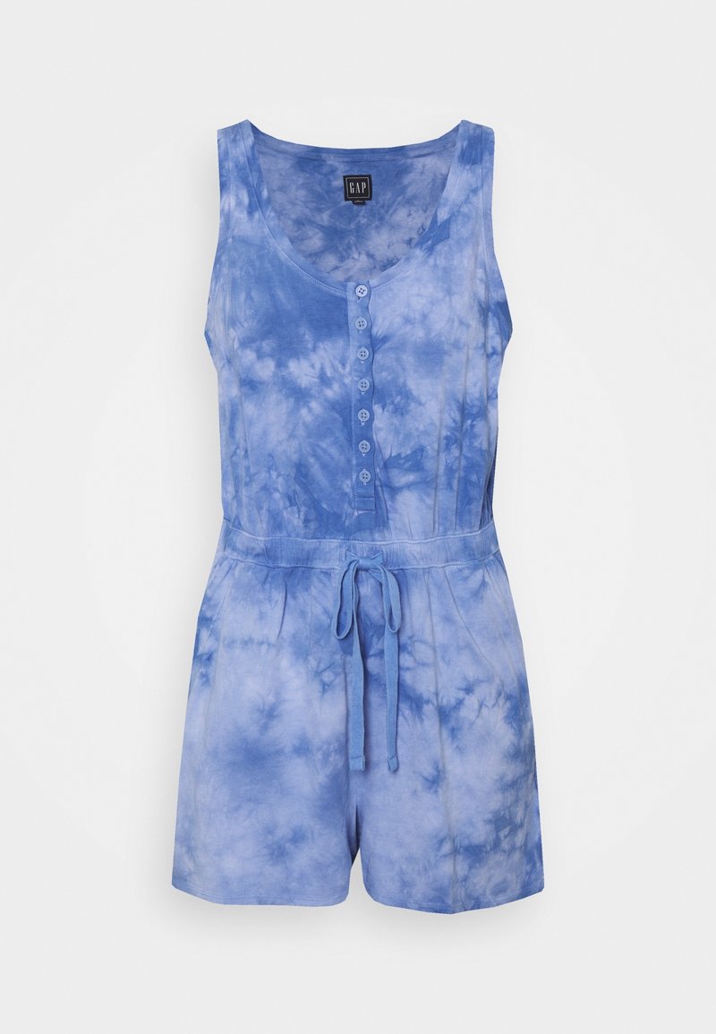 Combinaison sans manches bleu tie-dye avec des boutons sur le devant et une taille avec cordon, en tissu doux.