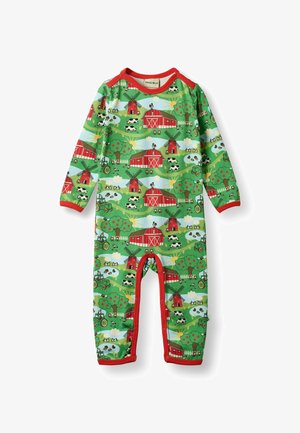 Detský overal s dlhým rukávom zelenej farby s červeným lemovaním, s farebnou farmárskou potlačou stodôl, veterných mlynov, kráv, stromov, traktorov a sliepok.