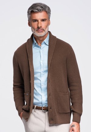 Homme d'âge moyen aux cheveux gris et à la barbe, portant une chemise bleu clair, un cardigan marron en tricot, un pantalon beige et une ceinture tressée, debout avec les mains dans les poches.
