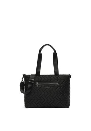 Borsa tote nera trapuntata con motivo a spina di pesce, doppie maniglie, tracolla removibile e tasca frontale con cerniera.