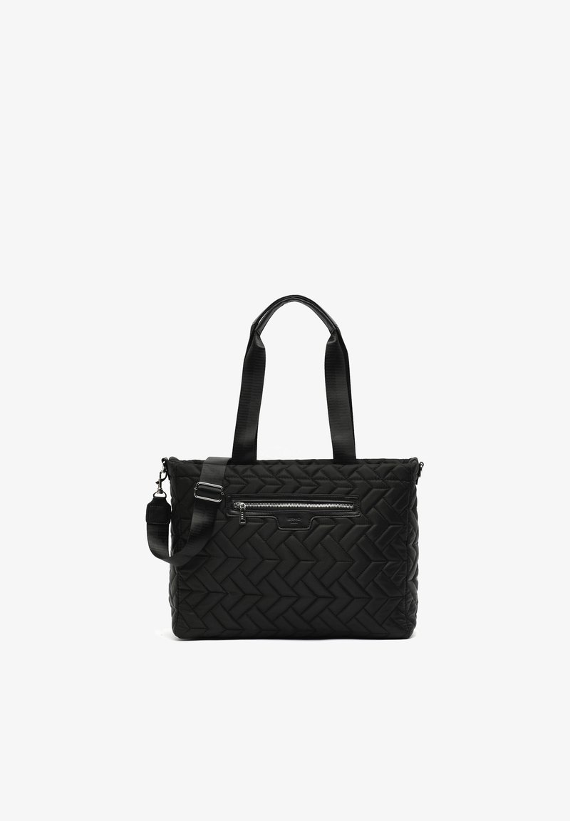 Juodas įkamo quiltuotas krepšys su šonkauliuota raštu, dvigubomis rankenomis, nuimama petneša ir užtrauktuku uždaromu priekinio kišeniu.