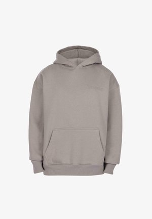Light gray hooded sweatshirt with front pouch pocket and subtle embroidered text on left chest, shown on a white background.