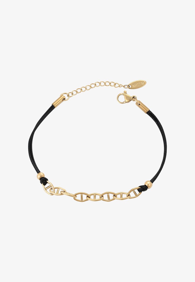 Juodas odinis apyrankė su auksiniu metalo grandinės užsegimu, reguliuojamu grandinės užsegimu ir mažąja žymekliu su prekės ženklu.