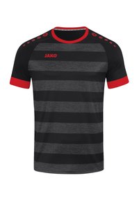 T-shirt de sport à manches courtes rayé noir et gris avec des accents rouges, col rond et boutons d'épaule arborant la marque "JAKO."