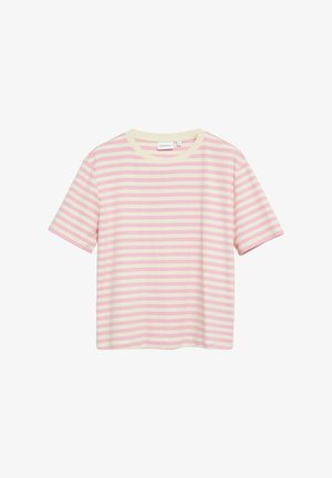 Kurzärmeliges T-Shirt mit Rundhalsausschnitt und horizontalen rosa-weißen Streifen, flach auf weißem Hintergrund liegend.