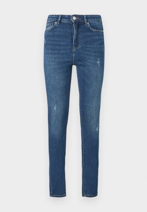 Schlanke, blaue Jeans aus Denim mit mittlerer Leibhöhe, dezentem Verblassen und distressierten Details, im klassischen Fünf-Taschen-Design.