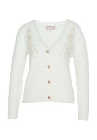 Cardigan blanc à col en V avec manches longues, boutons décoratifs dorés et ornements de perles dorées près des épaules.