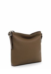 Braune Leder-Schultertasche mit einer weichen, strukturierten Oberfläche, elegantem Design, verstellbarem Tragegurt und silbernen Details.