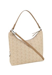 Beige mønstret skuldertaske med en tekstureret stofkrop, tan læderstrop og sølv hardware accenter. Har lynlåslukning og en moderne form.