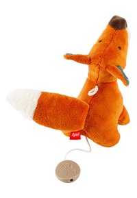 Stuffed fox toy with orange plush fur, white tail tip, and blue ear accents. Features a brown snout and pull string with a round beige base.