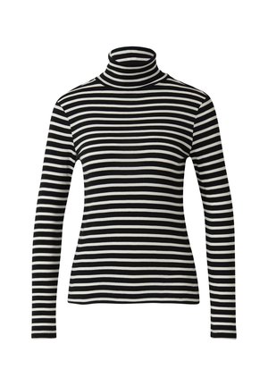 Pull à col roulé à rayures noires et blanches avec des manches longues et une coupe ajustée, fabriqué en tissu doux avec des rayures horizontales uniformes.