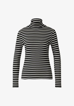 Schwarz-weißer, gestreifter Rollkragenpullover mit langen Ärmeln und figurbetontem Design, aus einem weichen Stoff gefertigt, der gleichmäßige horizontale Streifen aufweist.