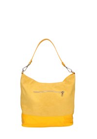 Borsa hobo in suede gialla con un pannello inferiore liscio, una tasca frontale con zip e una sola tracolla. Dettagli in metallo minimalista argentato.