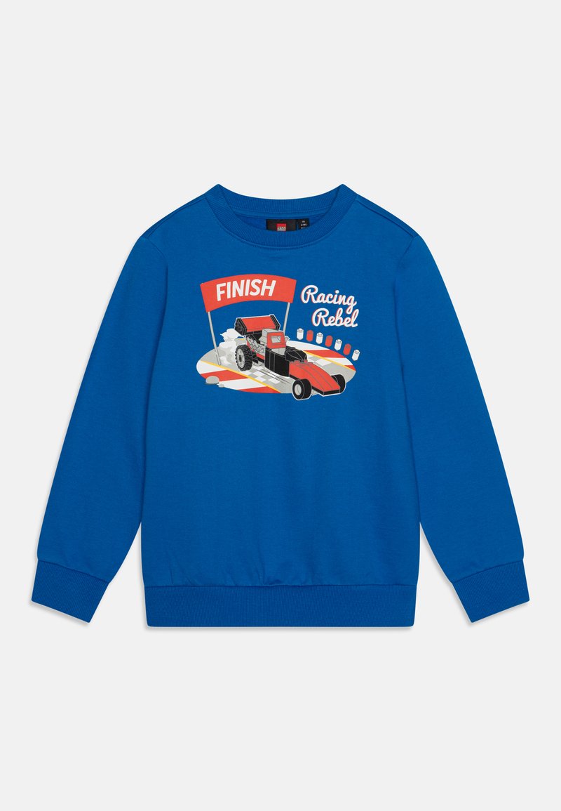 Sweat-shirt à manches longues bleu avec un graphique de voiture de course rouge et noir, une bannière "FINISH" et le texte "Racing Rebel" sur le devant.