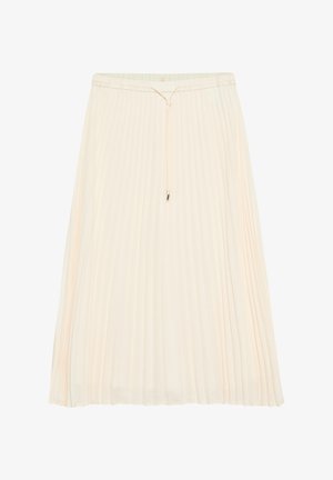 Kremowa plisowana spódnica midi z elastycznym pasem i cienkim sznurkiem do wiązania z przodu, zaprojektowana na luźny krój.