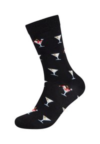 Calze di cotone nere con un motivo ripetuto di bicchieri da cocktail colorati, completi di bevande vivaci e guarnizioni.