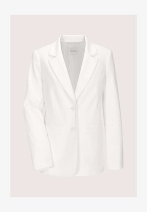 Witte blazer van gestructureerde stof, met een reverskraag met inkeping, twee knopen en zijzakken. Gladde voering aan de binnenkant.