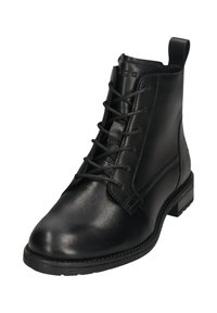 Schwarze Leder-Ankle-Boots mit glatter Textur, Schnürung vorne und verstärktem Absatz. Ausgestattet mit einer flachen Gummisohle und einem minimalistischen Design.