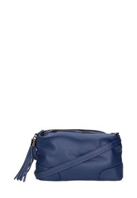 Borsa a tracolla blu in pelle con superficie texture, zip superiore e un accento a frangia sul lato. Tracolla regolabile per diverse lunghezze.