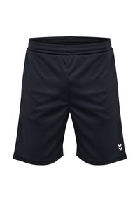 Zwarte sportshorts gemaakt van lichtgewicht stof, met een elastische tailleband, zijzakken en een klein wit logo aan de onderkant aan de linkerzijde.