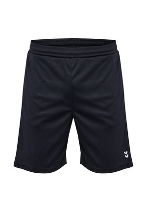 Zwarte sportshorts gemaakt van lichtgewicht stof, met een elastische tailleband, zijzakken en een klein wit logo aan de onderkant aan de linkerzijde.