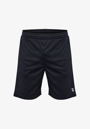 Czarne spodenki sportowe wykonane z lekkiego materiału, z elastycznym pasem, bocznymi kieszeniami oraz małym białym logo w dolnej lewej części.