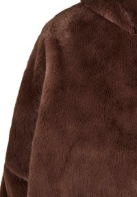 Veste en fausse fourrure marron avec une texture douce et pelucheuse, dotée d'une finition légèrement brillante. Le design comprend une capuche et une coupe décontractée.