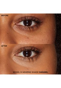 Before and after images of a model's eye. The before shows natural lashes; the after features longer, fuller lashes, with shade "Caramel."