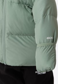 Light green puffer jacket with a zip closure. Features a padded design and elastic cuffs. Includes a white "600" detail on the sleeve.