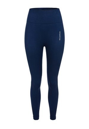 Marineblaue Leggings mit hohem Bund, aus elastischem Stoff gefertigt. Sie haben eine gerippte Textur und ein kleines weißes Logodetail an der Seite.