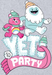 Osos de dibujos animados corriendo; uno es rosa con un arcoíris y accesorios verdes, el otro es azul claro con pelaje blanco. Texto: "AÚN POR FIESTA" en rosa.