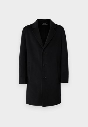 Manteau en laine noir avec col cranté, fermeture à cinq boutons, poches latérales et silhouette droite avec des manches longues.