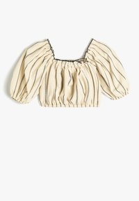 Kremowy crop top z bufiastymi rękawami, elastycznym dekoltem i czarnymi paskami w całej długości. Miękka, lekka bawełniana tkanina.