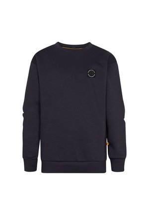 Sweat-shirt noir à col rond avec manches longues, poignets et bas côtelés, et un petit logo circulaire sur la partie supérieure gauche de la poitrine.