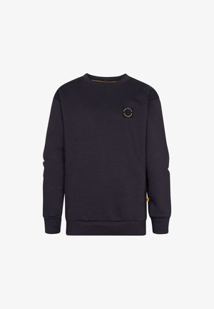 Sort crewneck-sweatshirt med lange ærmer, ribstrikkede manchetter og kant, samt et lille rundt logo på øverste venstre bryst.