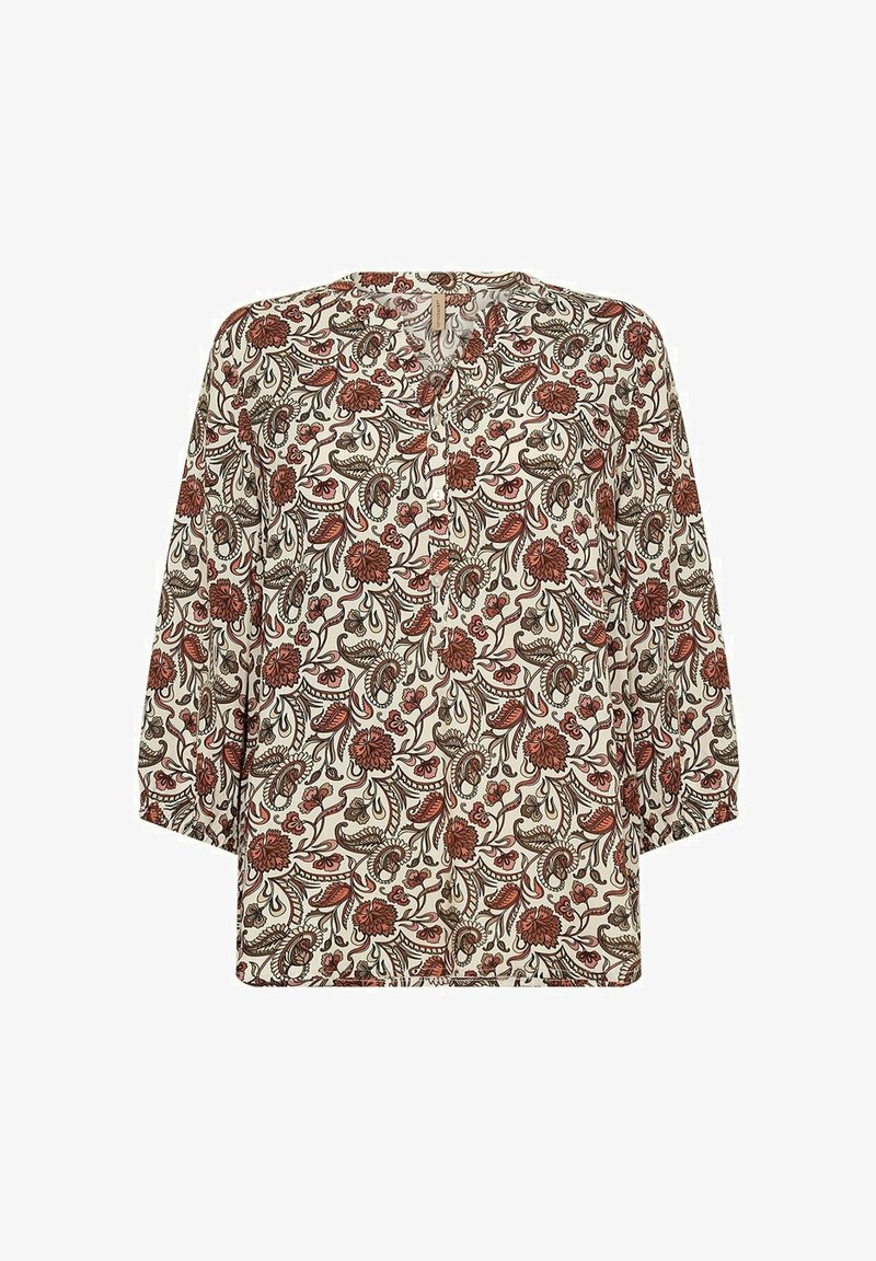 Bloes met bloemenprint op een crèmekleurige achtergrond, voorzien van rode en bruine paisleypatronen. Lichtgewicht stof, driekwart mouwen en een ronde halslijn.