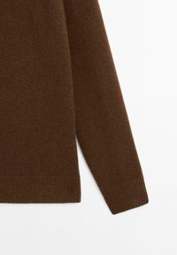 Brown knit sweater with long sleeves, featuring a soft texture and ribbed trim at the cuffs and hem. Simple design, no patterns or accents.