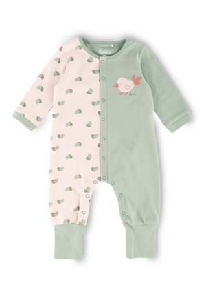 Grüner und rosa Baby-Overall mit langen Ärmeln, der ein halb gepunktetes Design und ein gesticktes Vogelmotiv zeigt. Druckknopfverschlüsse am Boden.